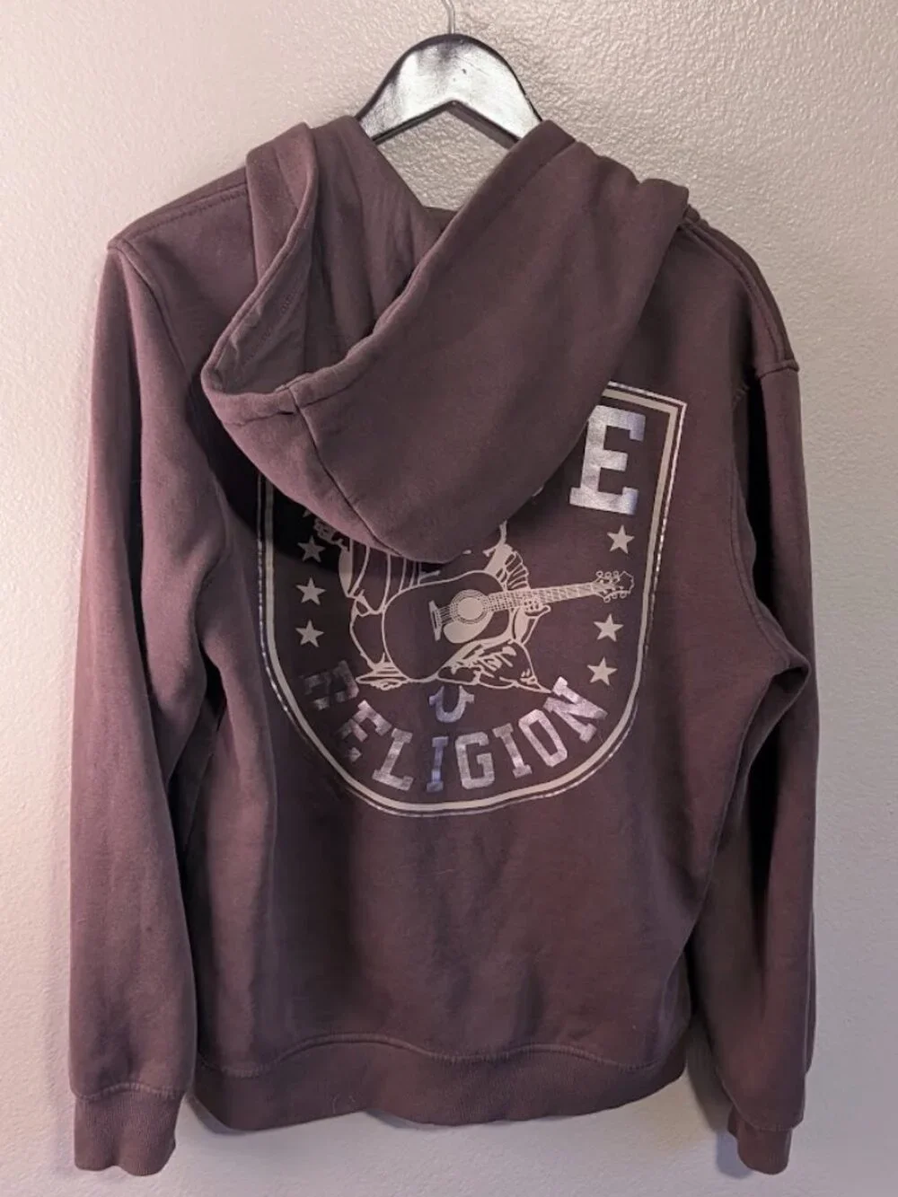 True Religion Men Brown Full Zip Hoodie Graphic Buddha Guitar Size M Oversize